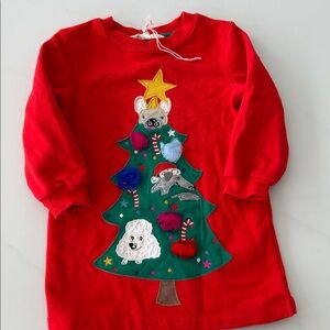 Mini Boden Red Holiday Sweatshirt dress with Christmas Tree Design